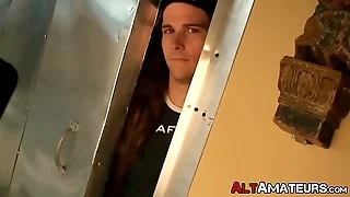 Glum tattooed amateur jock jerks off while voyeur watches